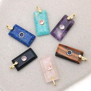 2Pcs Gold Plated Mixed Color Natural Crystal Quartz Gemstone Rectangular Pendant, Inlaid Cz Zircon Charms, For DIY  Jewelry Making Supply