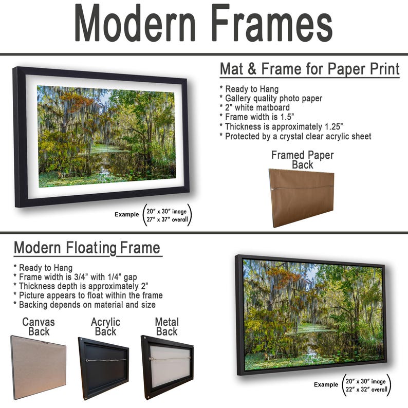 The image is a collage of various framed artworks, including a mat and frame for a paper print, a modern floating frame, and a framed paper back. The artworks are displayed in different sizes and frame types, showcasing the versatility of framed artworks.