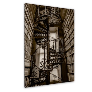 May include: A sepia-toned photograph of a dark metal spiral staircase positioned between two tall, floor-to-ceiling wooden bookshelves filled with numerous books. The staircase features intricate, ornate ironwork railings and steps.