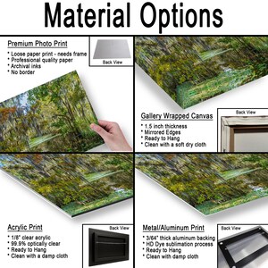 The image is a collage of four different photos, each showcasing a different type of print material. The photos include a premium photo print, a gallery wrapped canvas, an acrylic print, and a metal/aluminum print. Each photo displays a unique print material, highlighting their distinct characteristics and uses.