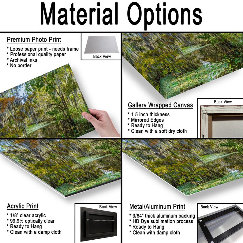 The image is a collage of four different photos, each showcasing a different type of print material. The photos include a premium photo print, a gallery wrapped canvas, an acrylic print, and a metal/aluminum print. Each photo displays a unique print material, highlighting their distinct characteristics and uses.