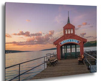 Fotografía del muelle al atardecer en el lago Seneca, arte mural de la naturaleza del norte del estado de Nueva York.