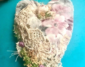 Romantic fabric heart decoration, shabby chic lacy heart, vintage style heart decor, nursery decoration, heart wall hanging, grandma gift,
