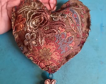 Romantic Victorian stuffed heart ornament, beaded rose heart decor, shabby chic heart ornament, colorful tasseled heart ornament