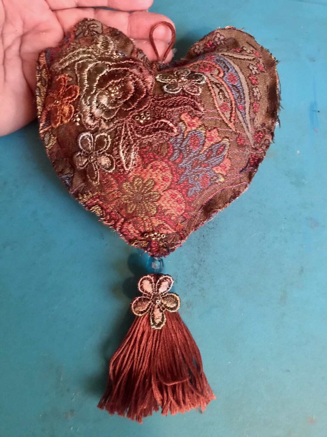 Romantic Victorian Stuffed Heart Ornament, Beaded Rose Heart Decor