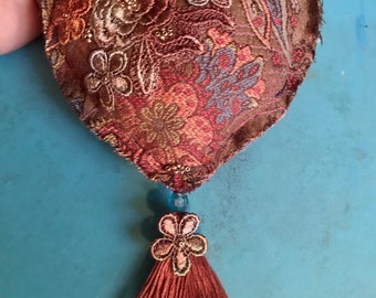 Romantic Victorian stuffed heart ornament, beaded rose heart decor, shabby chic heart ornament, colorful tasseled heart ornament