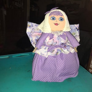 Chubby smiling angel doll, nursery decor, little girls angel , soft sculpture angel, blue eyed angel, purple angel doll image 5
