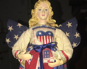 patriotic angel, guardian angel, USA Angel, red white blue angel, ceramic angel, spiritual gift, patriotic gift, angel decor, OOAK angel