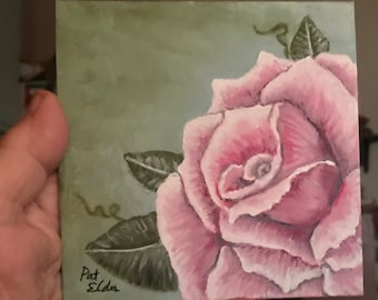 Pink rose small painting original, rustic rose art, realistic rose small canvas, farmhouse art, small flower painting, little original art