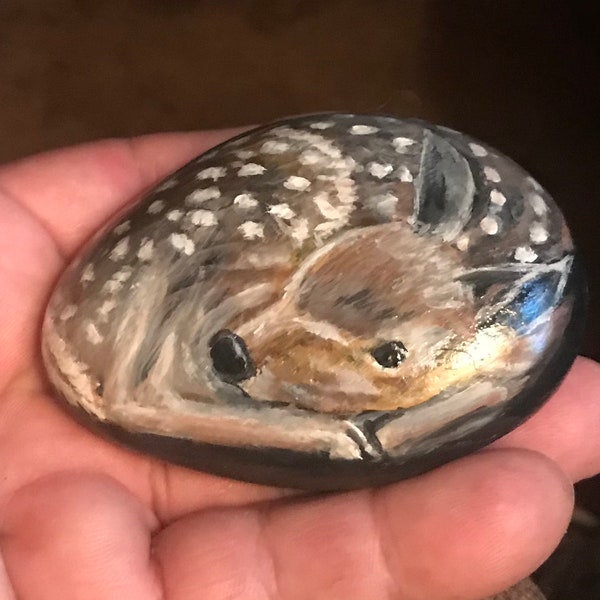 Fawn river rock, hand painted fawn, whitetail deer fawn, deer painted stone, stone deer, stone fawn, river rock fawn, river rock deer