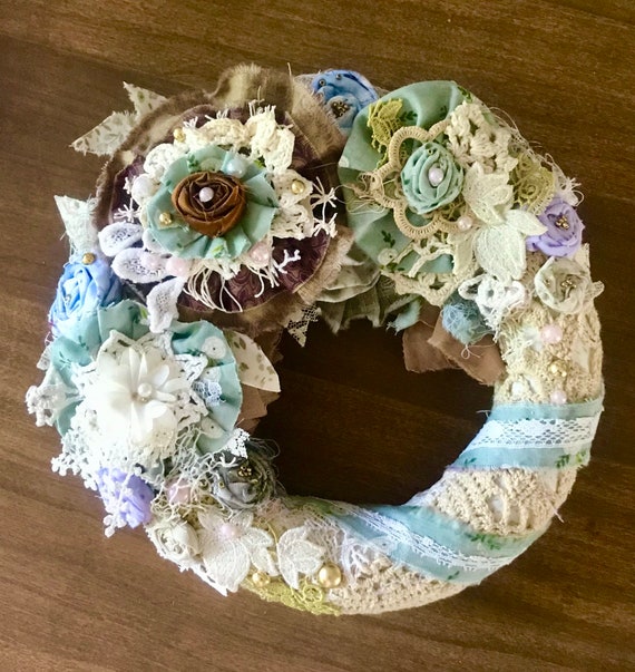 Shabby Chic Door or Wall Wreath With Lace and Doilies and Handmade 