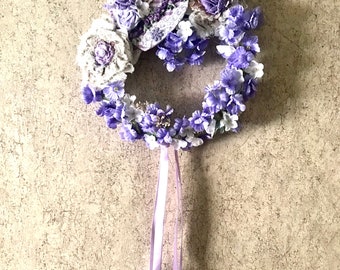 Shabby Chic country wreath in purples and white. Mother’s Day gift or nursery decor