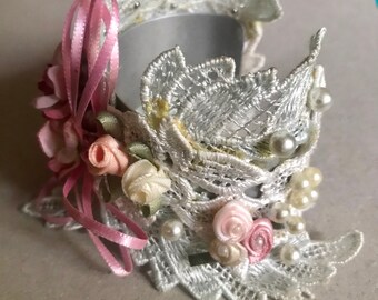 Shabby chic  lacy cuff bracelet adjustable wedding jewelry fairy bracelet with flowers cuff bracelet for women