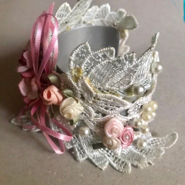 Shabby chic  lacy cuff bracelet adjustable wedding jewelry fairy bracelet with flowers cuff bracelet for women