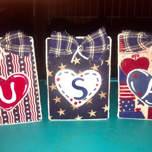 USA wood blocks red white and blue patriotic shelf art Americana