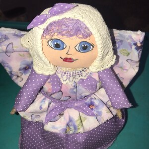 Chubby smiling angel doll, nursery decor, little girls angel , soft sculpture angel, blue eyed angel, purple angel doll image 1