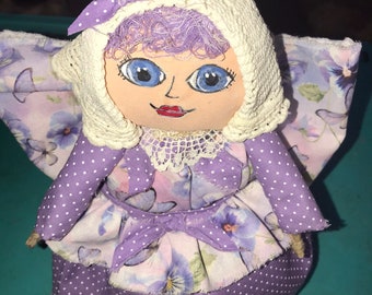 Chubby smiling angel doll, nursery decor, little girls angel , soft sculpture angel, blue eyed angel, purple angel doll