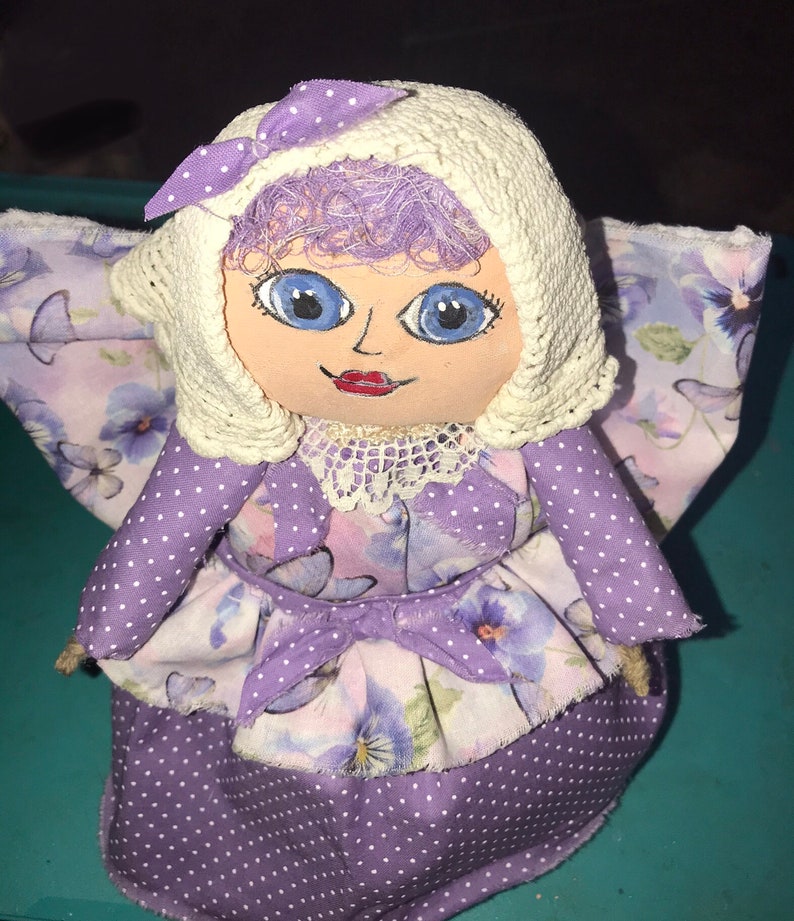 Chubby smiling angel doll, nursery decor, little girls angel , soft sculpture angel, blue eyed angel, purple angel doll image 1