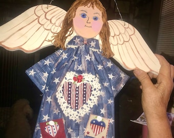 Large guardian angel, angel wall decor, patriotic angel, religious decor, wood angel wings, USA angel decor, religious gift