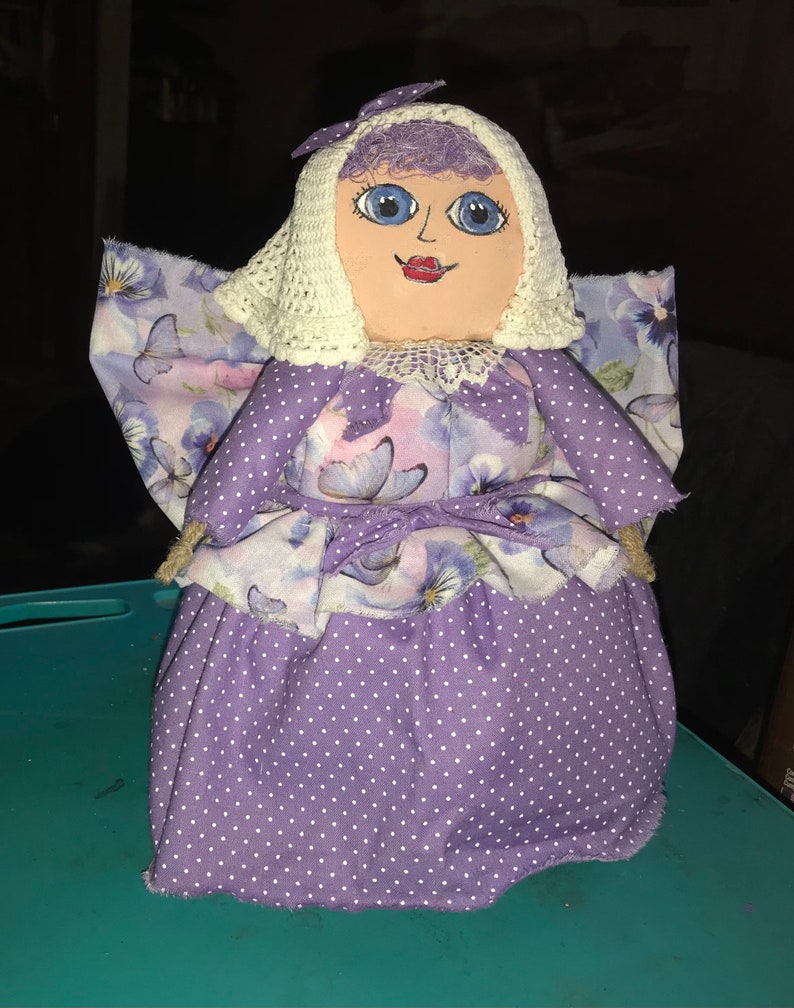 Chubby smiling angel doll, nursery decor, little girls angel , soft sculpture angel, blue eyed angel, purple angel doll image 4