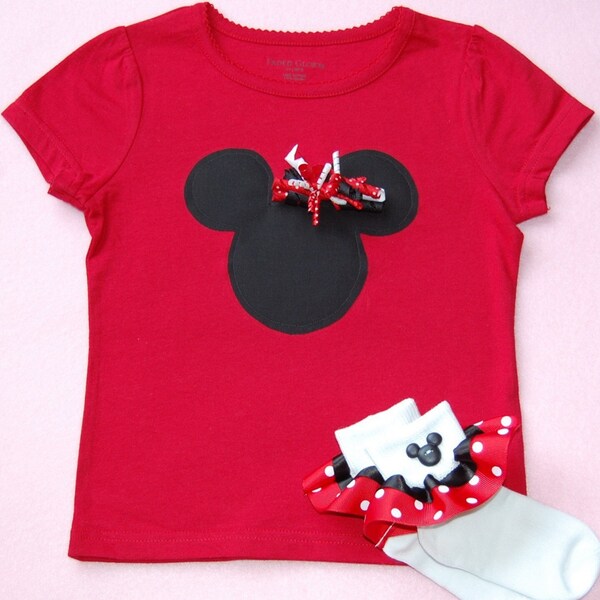 READY TO SHIP THE NEXT DAY...Sweet Minnie Mouse Tee Shirt with Removable Hair Bow in Sizes 12 mos, 18 mos or 4T... AND Matching Double Ruffle Socks -Great for a Trip to Disney World or First Birthday...