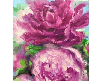 Hot Pink and Magenta Peonies Grace Summer Secret Garden, Flower Still Life, Original Small Oil Painting by Tina Wassel Keck 8 x 10"