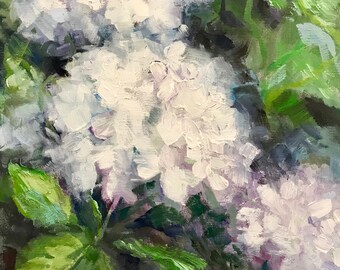 White Blue Hydrangeas define the garden path, Light Pink Lavender Summer Blossoms, Original Small Oil Painting Tina Wassel Keck 8"W x 10"H