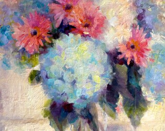 Still Life Hydrangeas Daisies Flowers Unframed - 11"W x14"H - Original Oil Painting by Tina Wassel Keck - Oil on canvas - "Special Delivery"