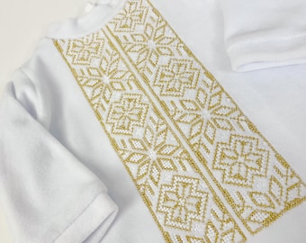 Velvet Baby Christening Outfit with Gold Embroidery – Natural Fabric Baptism Set