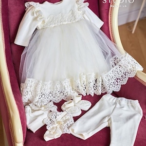 Luxury Baby Baptism Dress Set: Handmade Ivory Velour Christening Gown