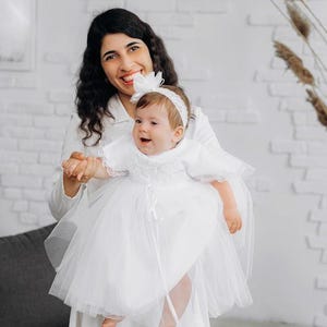 Baby Girl Christening Dress – White Baptism Outfit with Tulle Skirt and Lace Headband