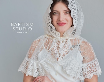 Embroidered Lace Church Veil: Ivory Chiffon Prayer Shawl