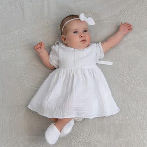 White Baby Girl Dress for Baptism or Special Occasion – Christening Dress – Soft Cotton Infant Dress – Newborn Outfit with Bow Headband