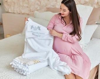 Toalla de bautismo con capucha: Manta de felpa suave con encaje y bordado