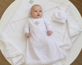 Baptism Gown Linen with Hooded Baptism Towel, Christening Robe Set