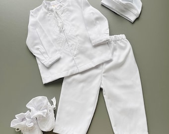 Embroidered Linen Baby Christening Outfit: 4-Piece Baptism Set