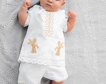Linen Baby Baptism Outfit: Gold Angel Embroidery, Christening Set