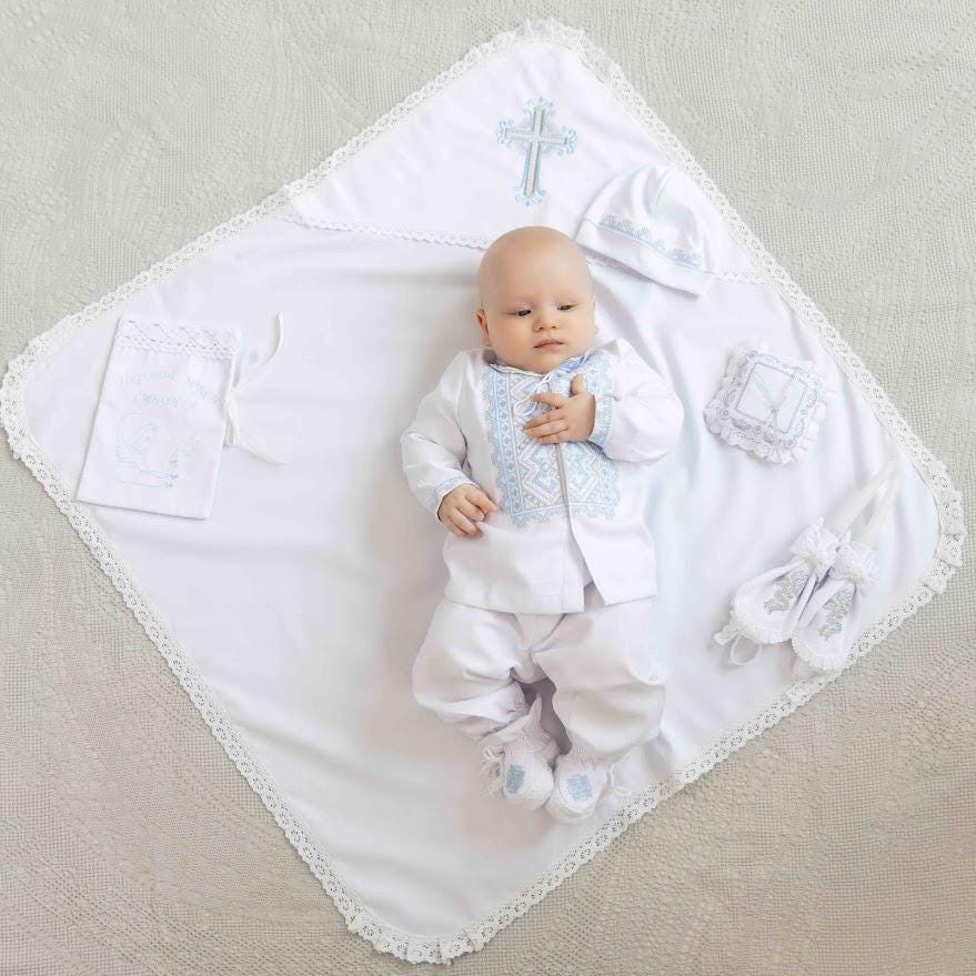 Linen Baby Boy Baptism Outfit: 8-Piece Christening Set with Blue Embroidery