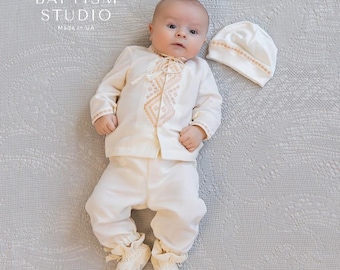 Boys&#39; Ivory Linen Baptism Outfit: Embroidered Shirt, Pants, Booties & Hat