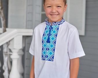 Boys Linen Vyshyvanka Shirt | Ukrainian Embroidered Geometric Design