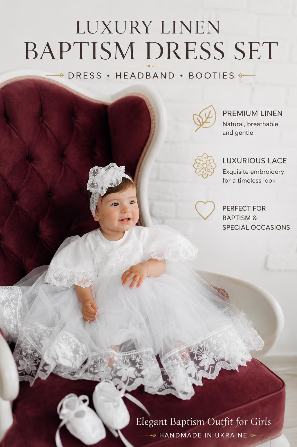 linen baptism dress Handmade Christening Gown Set: Linen Dress, Booties & Headband