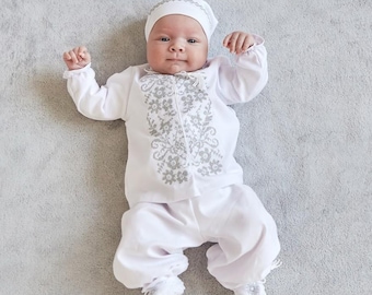 Linen Baptism Outfit for Baby Boy – Silver Embroidery Christening Set