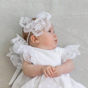 Baby Christening Outfit – White Muslin Dress with Lace, Headband & Booties | Baptism Dress for Girls | Christening Outfit for Girls