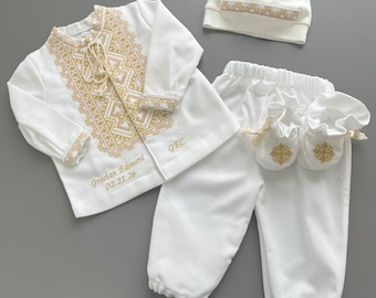 Conjunto de lino bordado para bautizo de bebé: conjunto de bautizo color marfil con toalla con capucha
