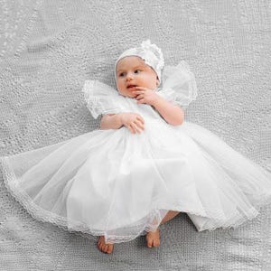 Luxury Baptism Dress Set –White Baby Girl Dress Linen and Tulle – Christening Baptism Dress with Headband – Lace Baby Dress  First Birthday