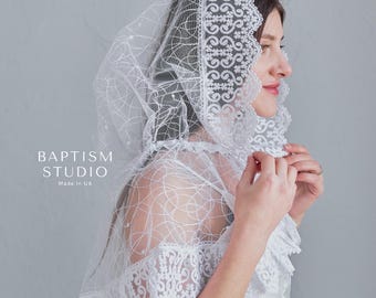 Elegant White Lace Chapel Veil Mantilla, Embroidered Mesh Head Covering