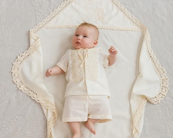 Ivory Linen Christening Set for Baby Boy, Baptism Outfit with Shirt & Shorts