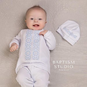 Embroidered Velour Christening Outfit: Baby Boy Baptism Set