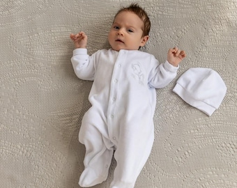 Velour Baby Sleepsuit & Hat: White Baptism Outfit, Unisex Newborn Set