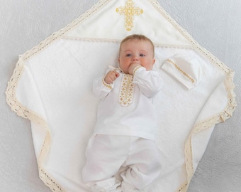 Ivory Christening Set for Baby – Linen Outfit & Embroidered Towel with Hood